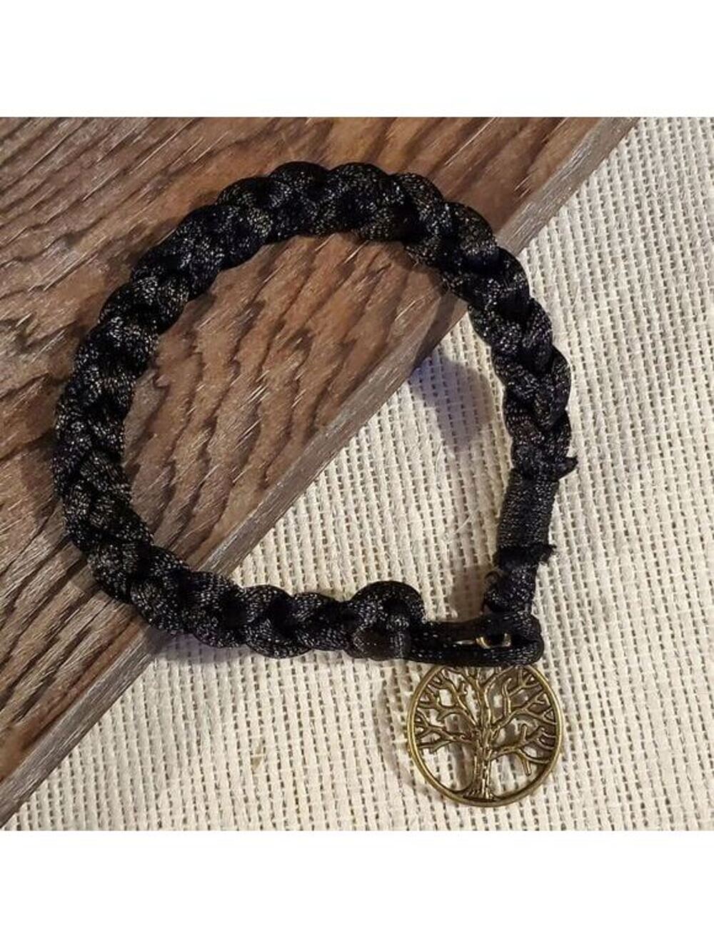 Braided Jet Black Silk Antique Brass Tree of Life Charm Button Bracelet